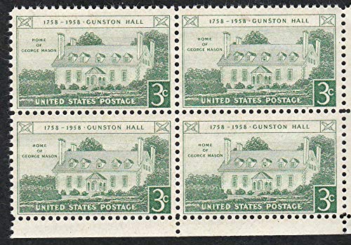 1958 George Mason Home Block of 4 3c Postage Stamps, Scott 1108, MNH, OG