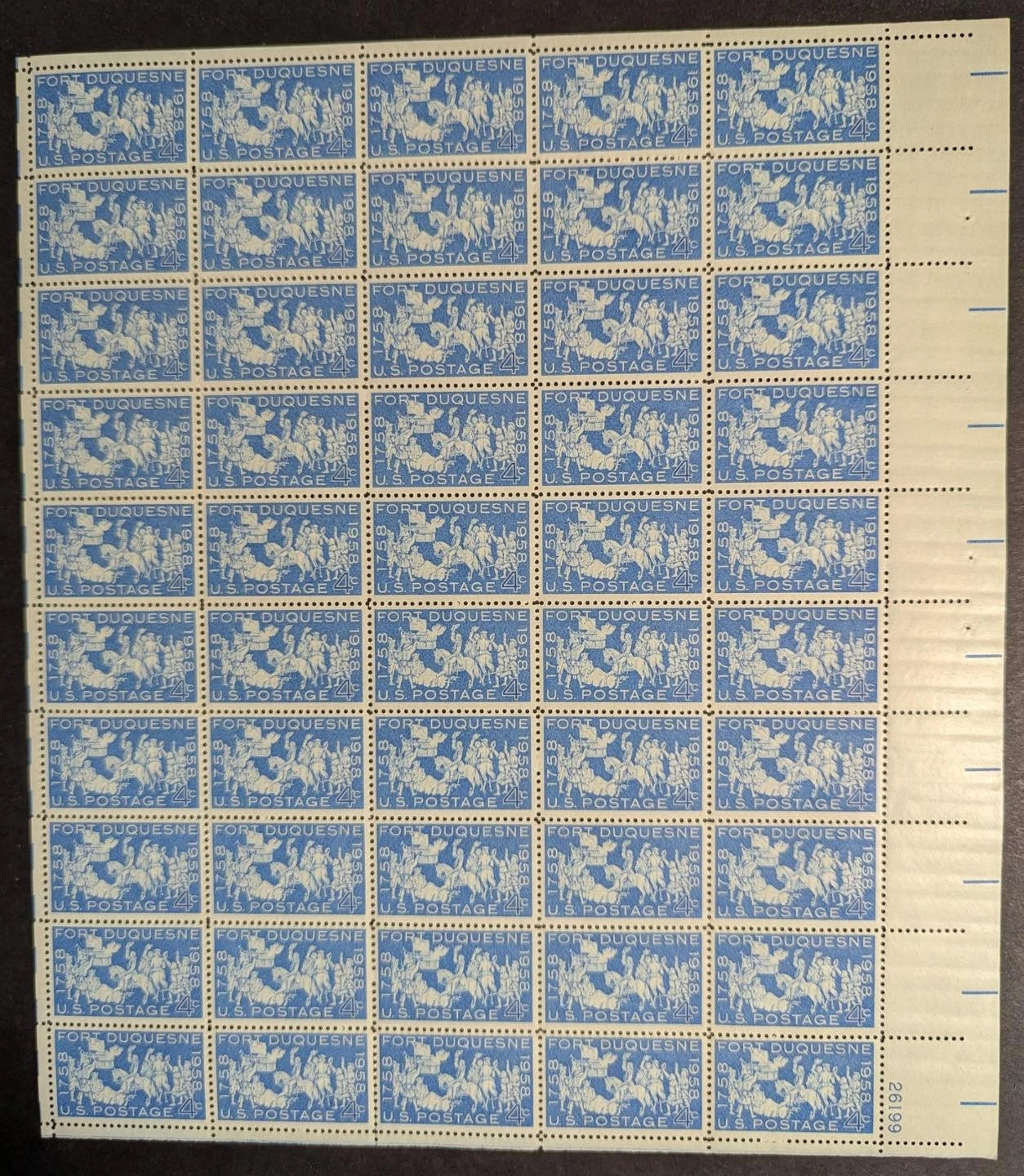 1958 USA 4c Fort Duquesne Sheet -Scott 1123 -MNH, Undisturbed OG -No Sig Flaws