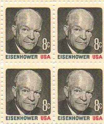 1971 Dwight Eisenhower (No Dot) Block of 4 8c Postage Stamps, Scott 1394, MNH, OG