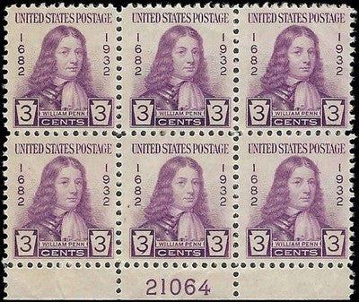 c1932 - #724 William Penn Plate Block of 6 - MLH, OG