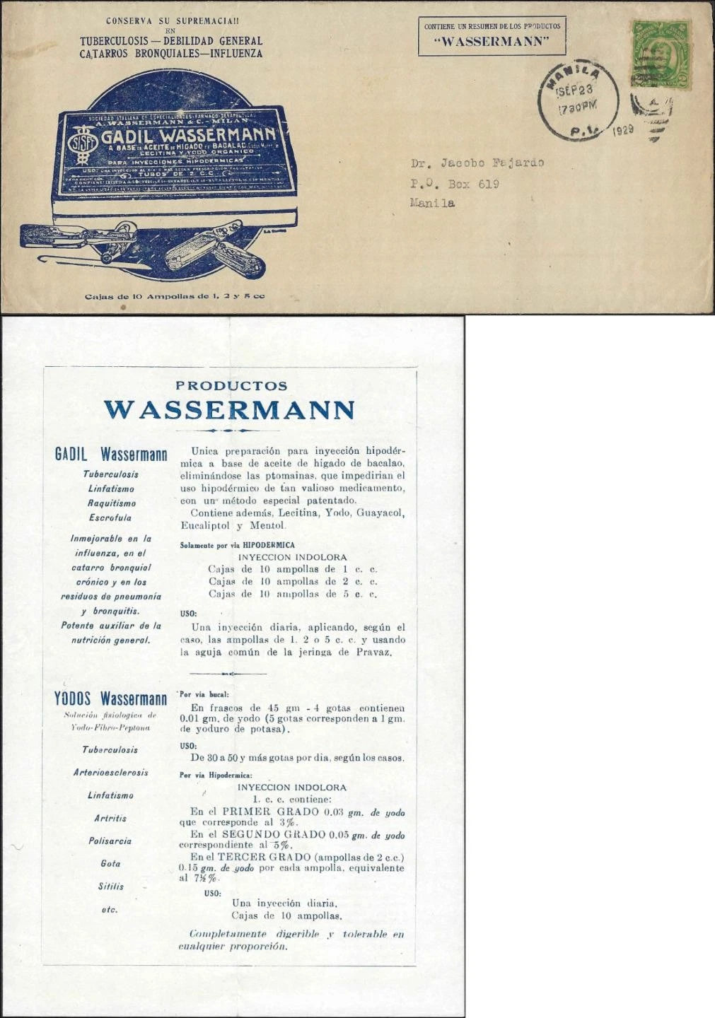 1929 Manila Gadil Wassermann TB Medical Advertising Cover Insert
