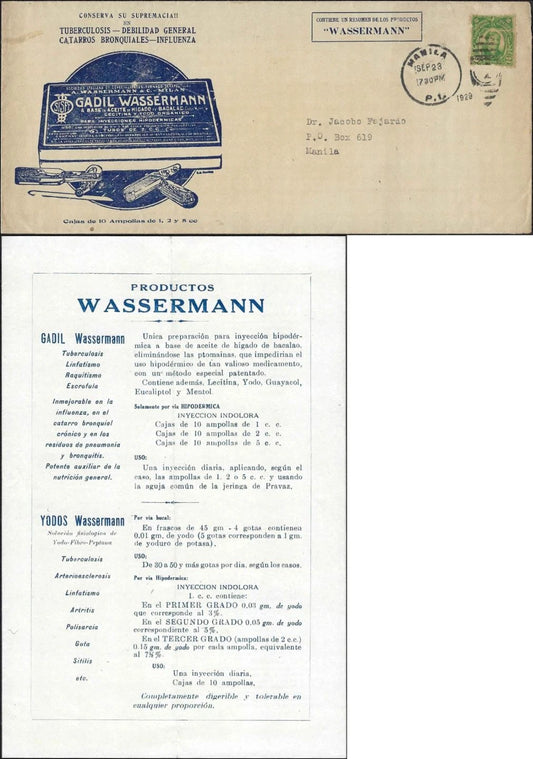 1929 Manila Gadil Wassermann TB Medical Advertising Cover Insert
