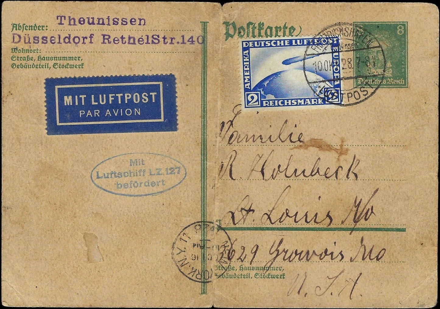 c1928 Zeppelin Transported Cover with Germany Scott c36 to St Louis - Crease