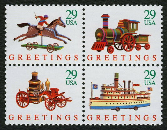 1992 Christmas Greetings Toys Block Of 4 29c Postage Stamps, Scott 2711-2714, MNH