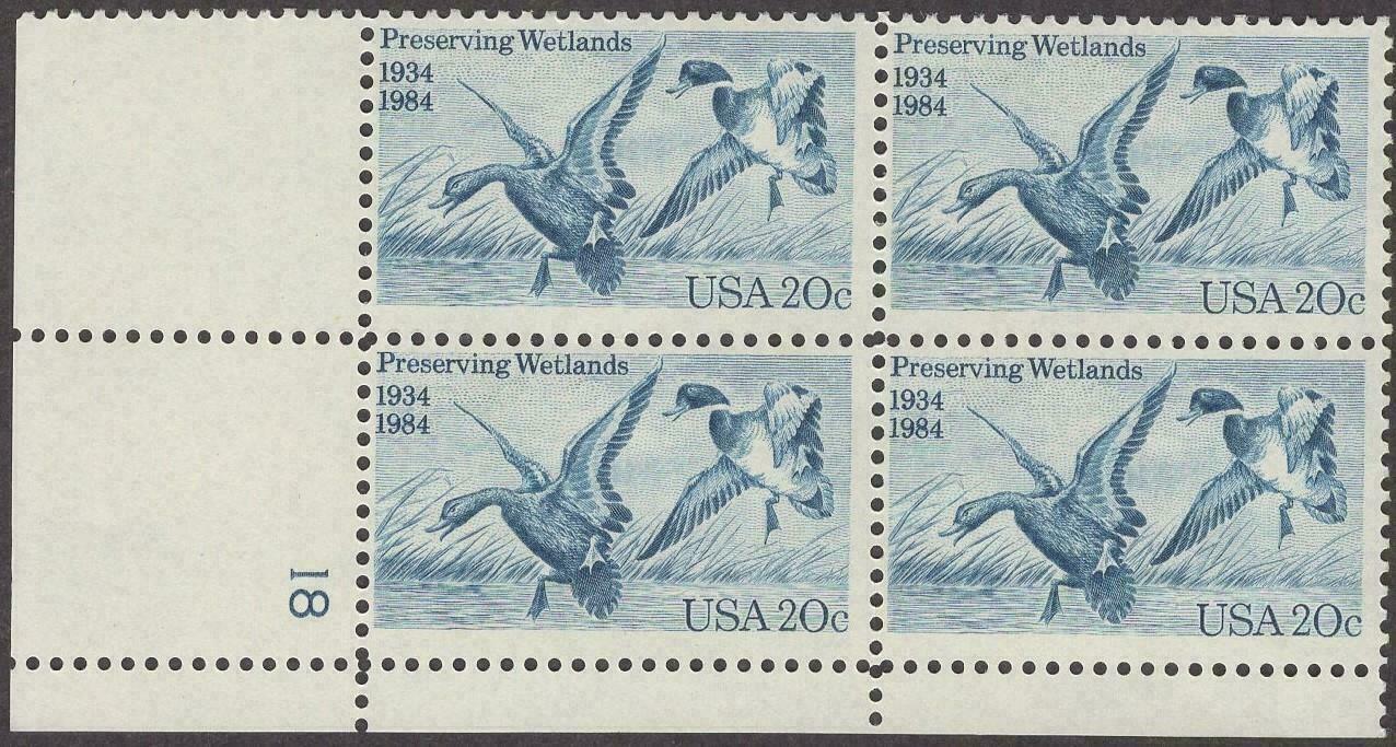 1984 Preserving Wetlands Plate Block of 4 20c Postage Stamps, Scott 2092, MNH, OG