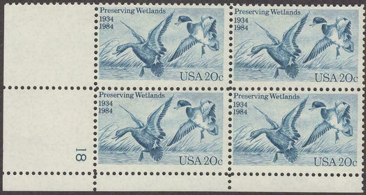 1984 Preserving Wetlands Plate Block of 4 20c Postage Stamps, Scott 2092, MNH, OG