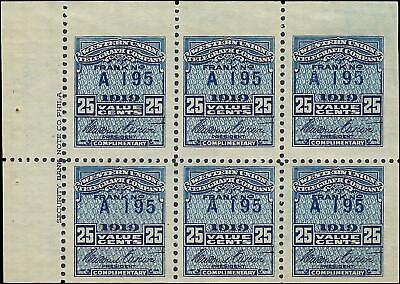 VEGAS - 1919 Telegraph Stamp Block/Pane of 6 - Scott 16T56 - Undisturbed Gum