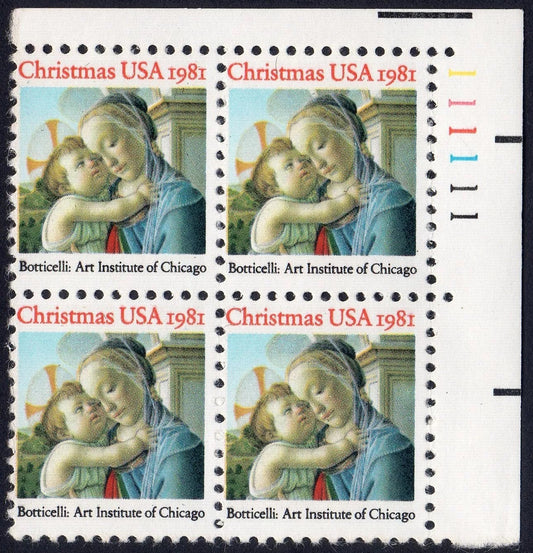 1981 Madonna Child (Botticelli) Plate Block of 4 20c Stamps, Scott1939, MNH, OG