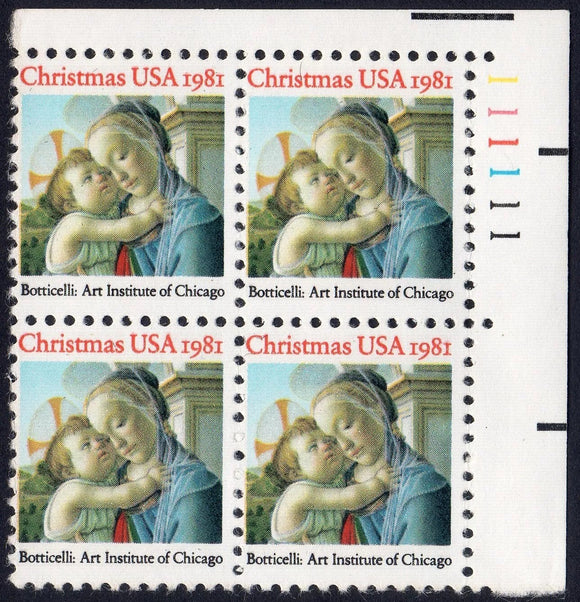 1981 Madonna Child (Botticelli) Plate Block of 4 20c Stamps, Scott1939, MNH, OG