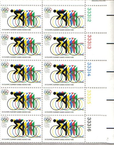 1972 Olympics Cycling Plate Block of 10 6c Postage Stamps, Scott 1460, MNH, OG