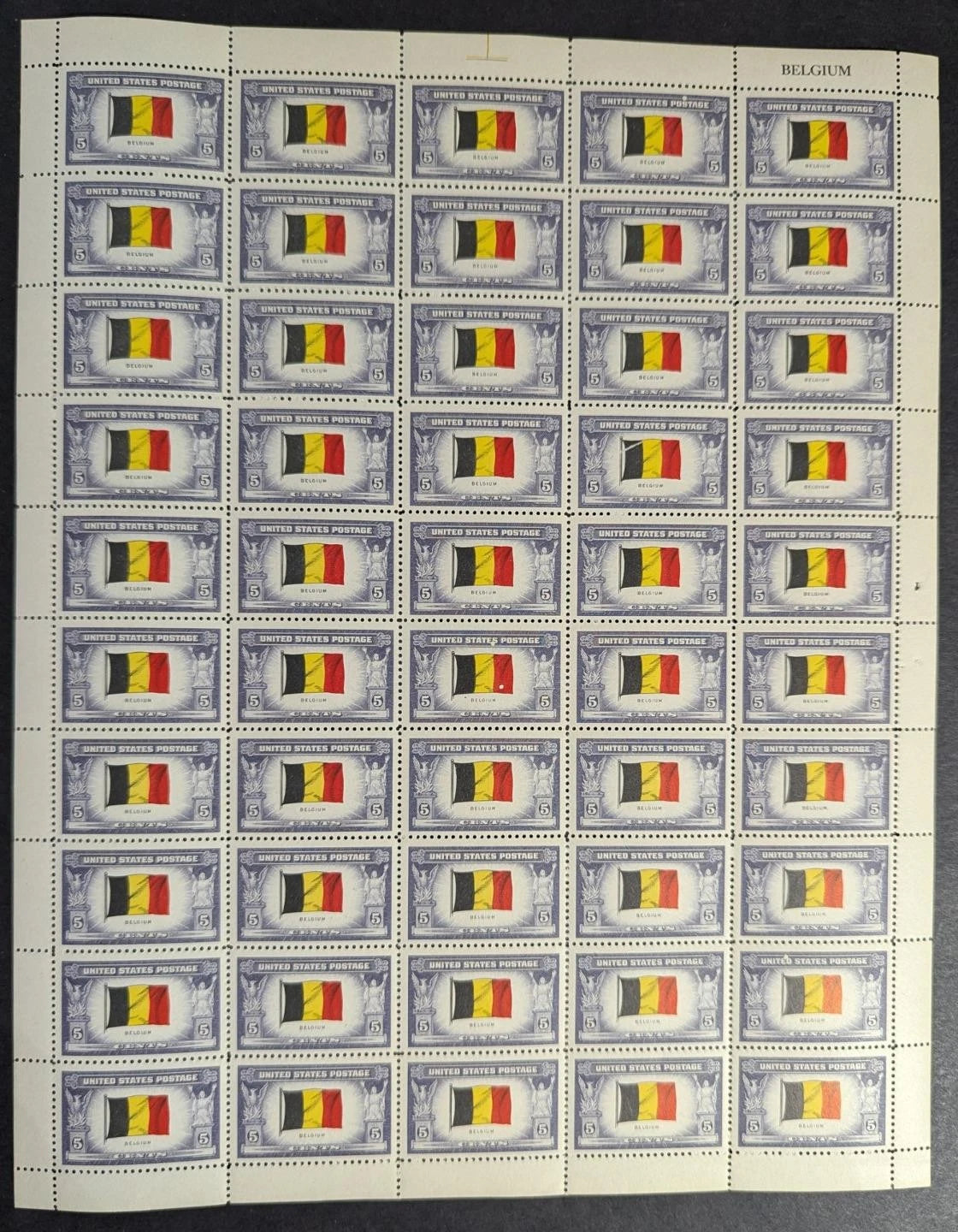 1943 USA Belgium 5c Sheet - Scott 914 - MNH, Undisturbed OG - No Sig Flaws