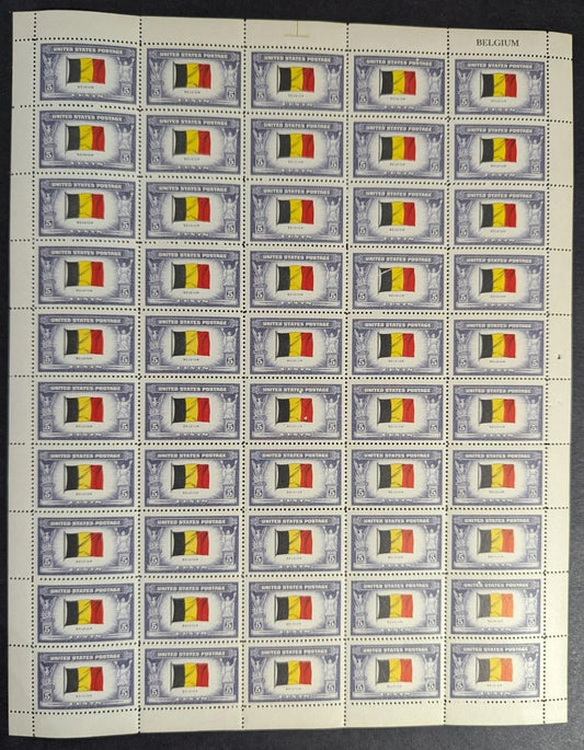 1943 USA Belgium 5c Sheet - Scott 914 - MNH, Undisturbed OG - No Sig Flaws