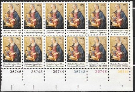 1975 Christmas Madonna Plate Block of 12 Postage Stamps, Scott1579, MNH, OG