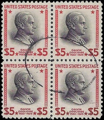 c1938 - Scott 834 $5 President Coolidge Block of 4 - Used - Choice Centering!