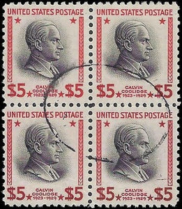 c1938 - Sc# 834 $5 President Coolidge Block of 4 - Used - Choice Centering!