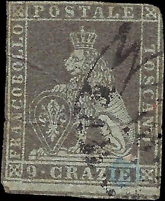 VEGAS - 1851-52 Tuscany Italy 9 Crazie Stamp - Scott 8 - Horiz Crease - Cat= $300