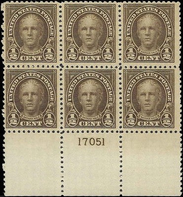 c1922 - USA - Nathan Hale Scott 551 Plate Block of 6 - MNH, OG - Read