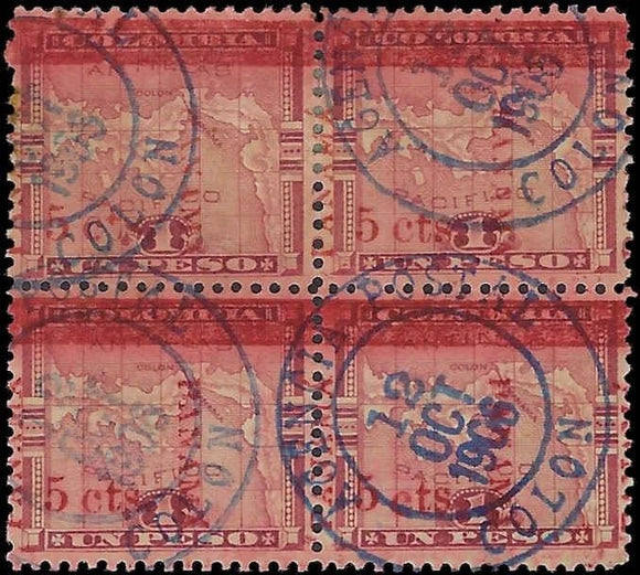 c1906 - #183 Panama Block of 4 5c on 1 Peso Block - Used