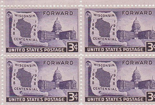 1948 Wisconsin Centennial Block of 4 3c Postage Stamps, Scott957, MNH, OG