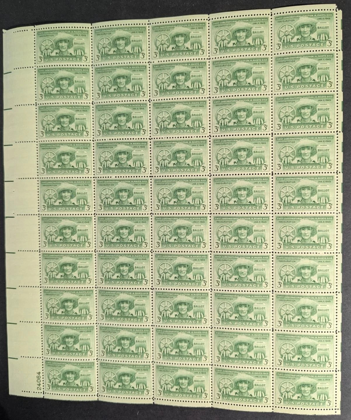 1949 USA Puerto Rico 3c Sheet -Scott 983 -MNH, Undisturbed OG -Corner Flaw
