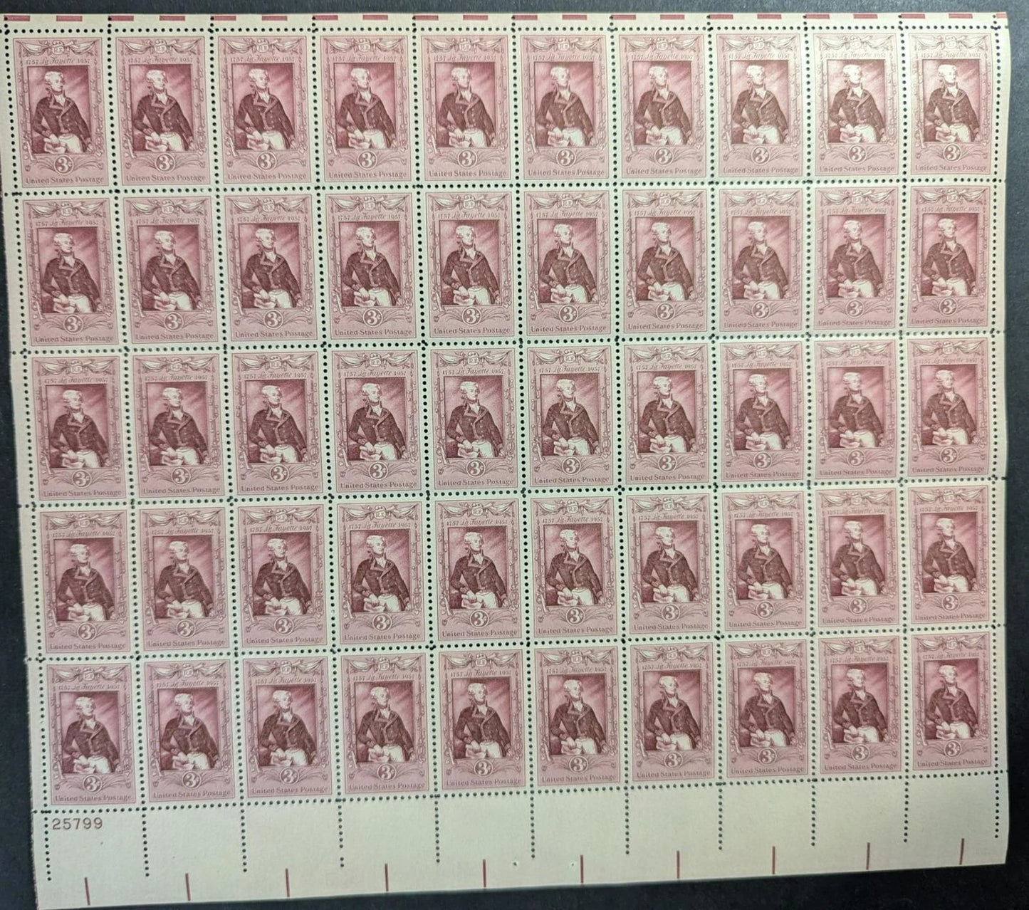 1957 USA 3c Layayette Sheet -Scott 1097 -MNH, Undisturbed OG -No Sig Flaws
