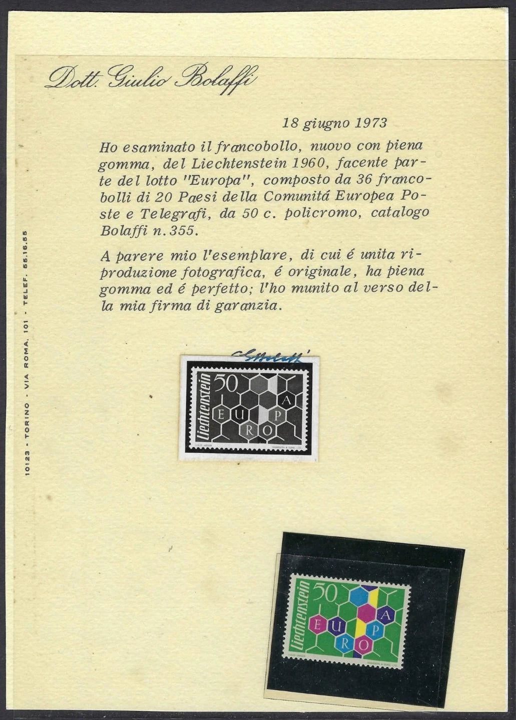 1960 Liechtenstein 50c Scott 356 - Europa CEPT MNH w/ 1973 Bolaffi Certificate