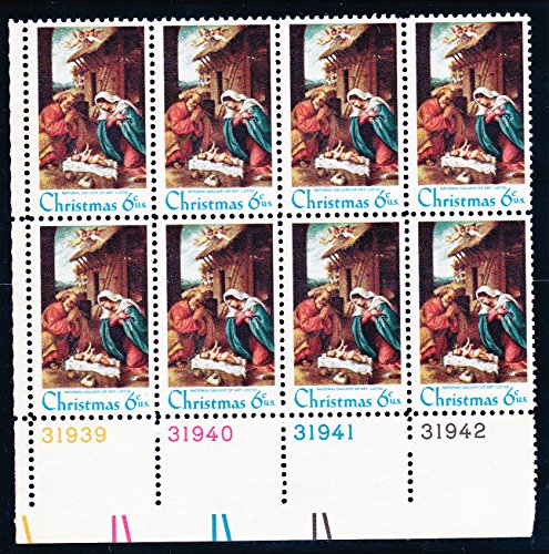 1970 Christmas Nativity Plate Block of 8 6c Postage Stamps, Scott1414, MNH, OG
