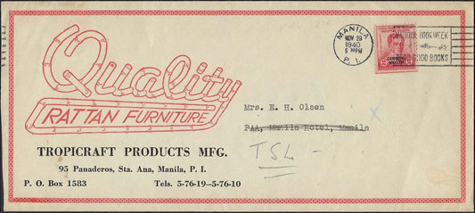 1940 Manila Philippines Advertising Cover Quaility Rattan Furniture Slogan Cance