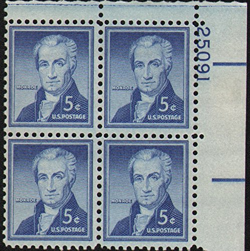 1954 James Monroe Plate Block of 4 5c Postage Stamps, Scott 1038, MNH, OG