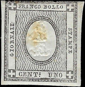 1861 Sardinia Newspaper 1c Stamp - 3 Margins! - Sc# P1 - FV639