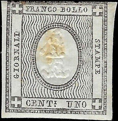 1861 Sardinia Newspaper 1c Stamp - 3 Margins! - Sc# P1 - FV639