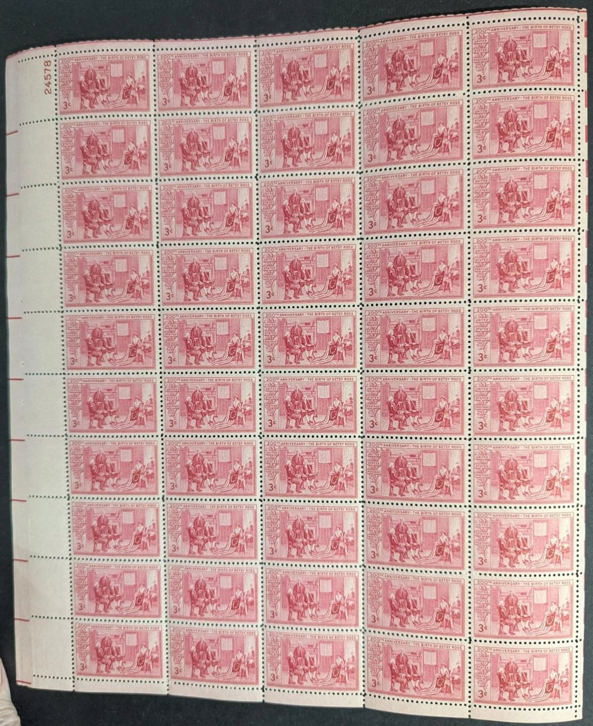 1952 USA Betsy Ross 3c Sheet -Scott 1004 -MNH, Undisturbed OG - No Sig Flaws