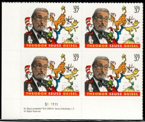 2004 Dr. Seuss Plate Block of 4 37c Postage Stamps, Scott 3835, MNH, OG