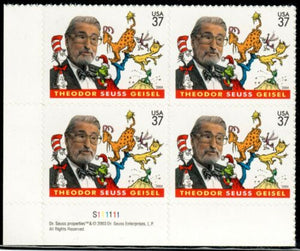 2004 Dr. Seuss Plate Block of 4 37c Postage Stamps, Sc# 3835, MNH, OG