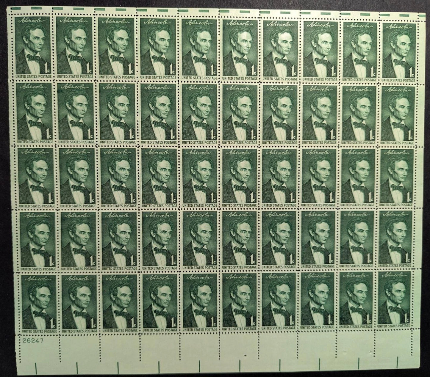 1959 USA 1c Abe Lincoln Sheet -Scott 1113 -MNH, Undisturbed OG -No Sig Flaws