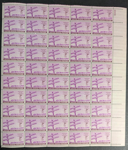 1944 USA Telegraph 3c Sheet - Scott 924 - MNH, Undisturbed OG - No Sig Flaws
