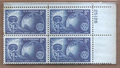1955 Rotary Int. Block of 4 8c Postage Stamps, Scott 1066, MNH, OG