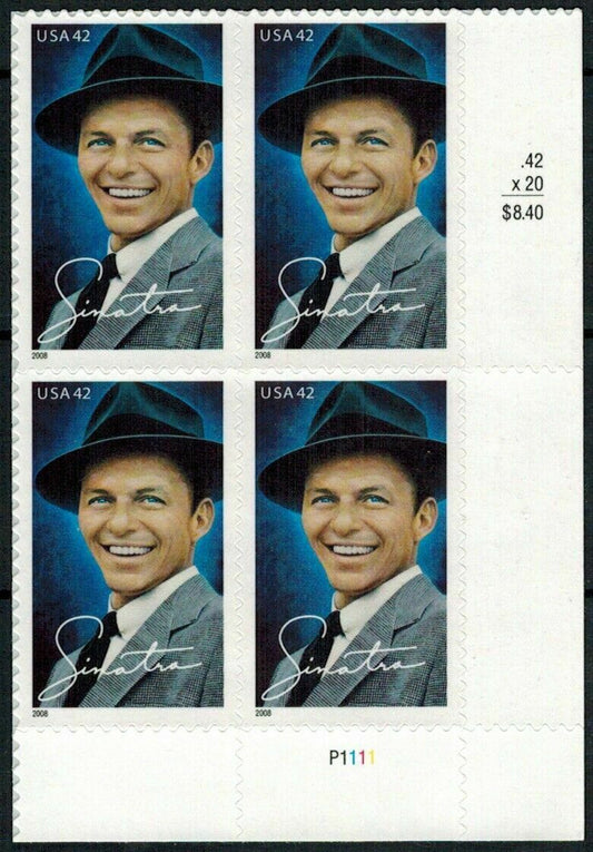 2008 Frank Sinatra Plate Block of 4 42c Stamps, Scott 4265, MNH, OG