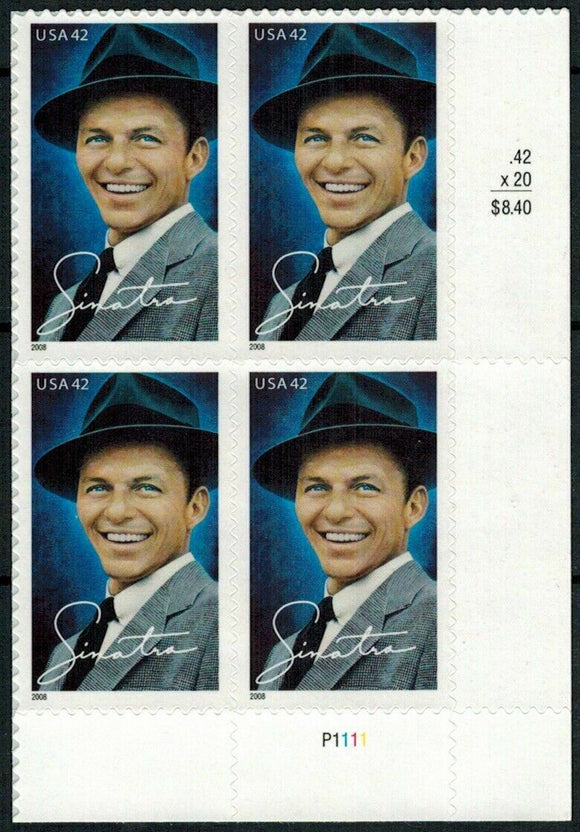 2008 Frank Sinatra Plate Block of 4 42c Stamps, Sc# 4265, MNH, OG
