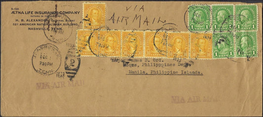 1935 USA to Philippines Via Air Mail Cover 10c Monroe Strip – Manila Backstamp