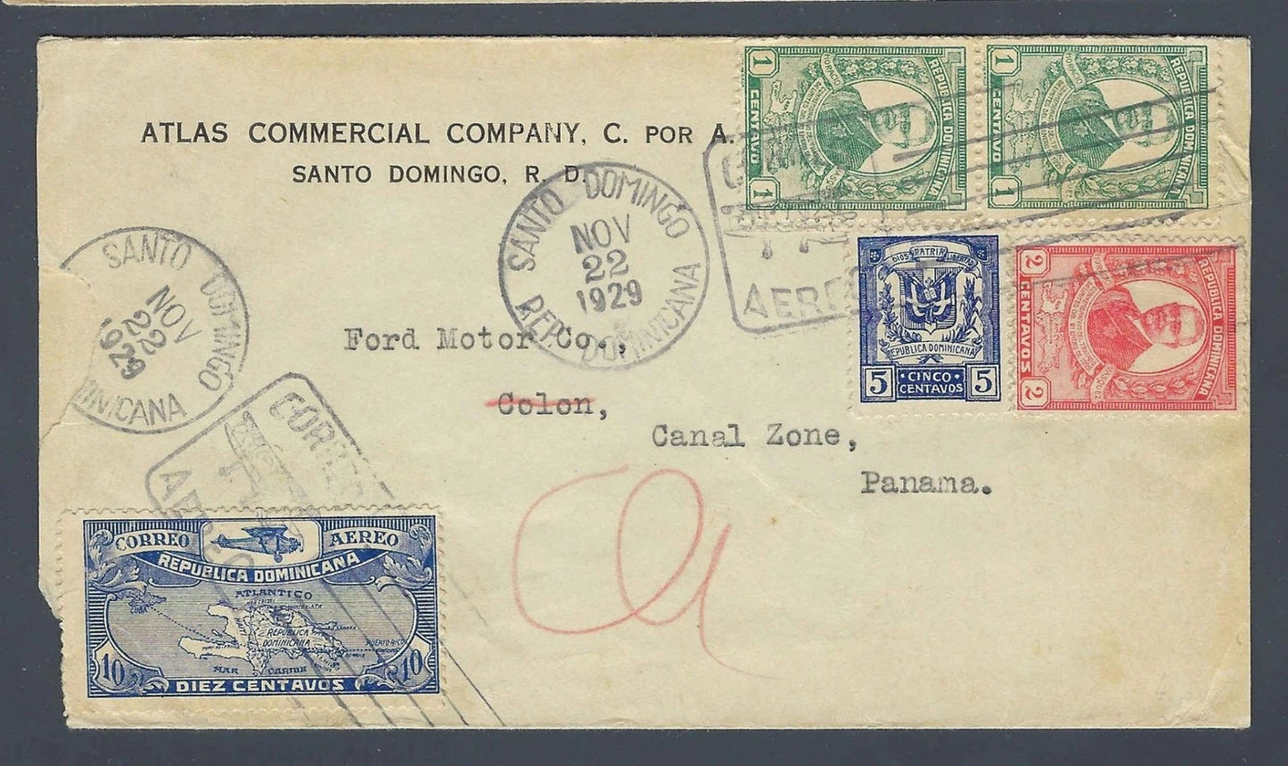 1929 Dominican Republic Airmail Cover Santo Domingo to Ford Motor Co Canal Zone