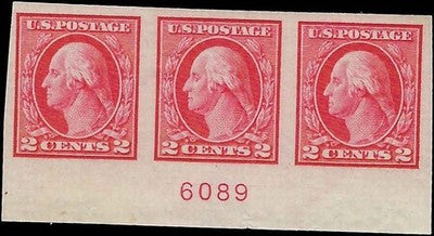 c1912 - USA - Scott 409 Imperf - MVLH Plate # Strip of 3 - Nice Centering!