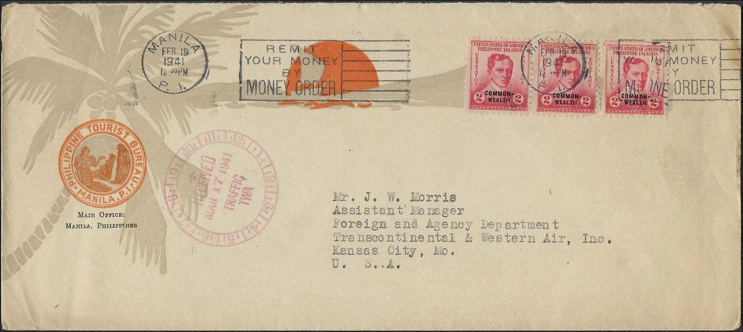 1941 Philippine Tourist Bureau Cover to TWA Kansas City Pre-War