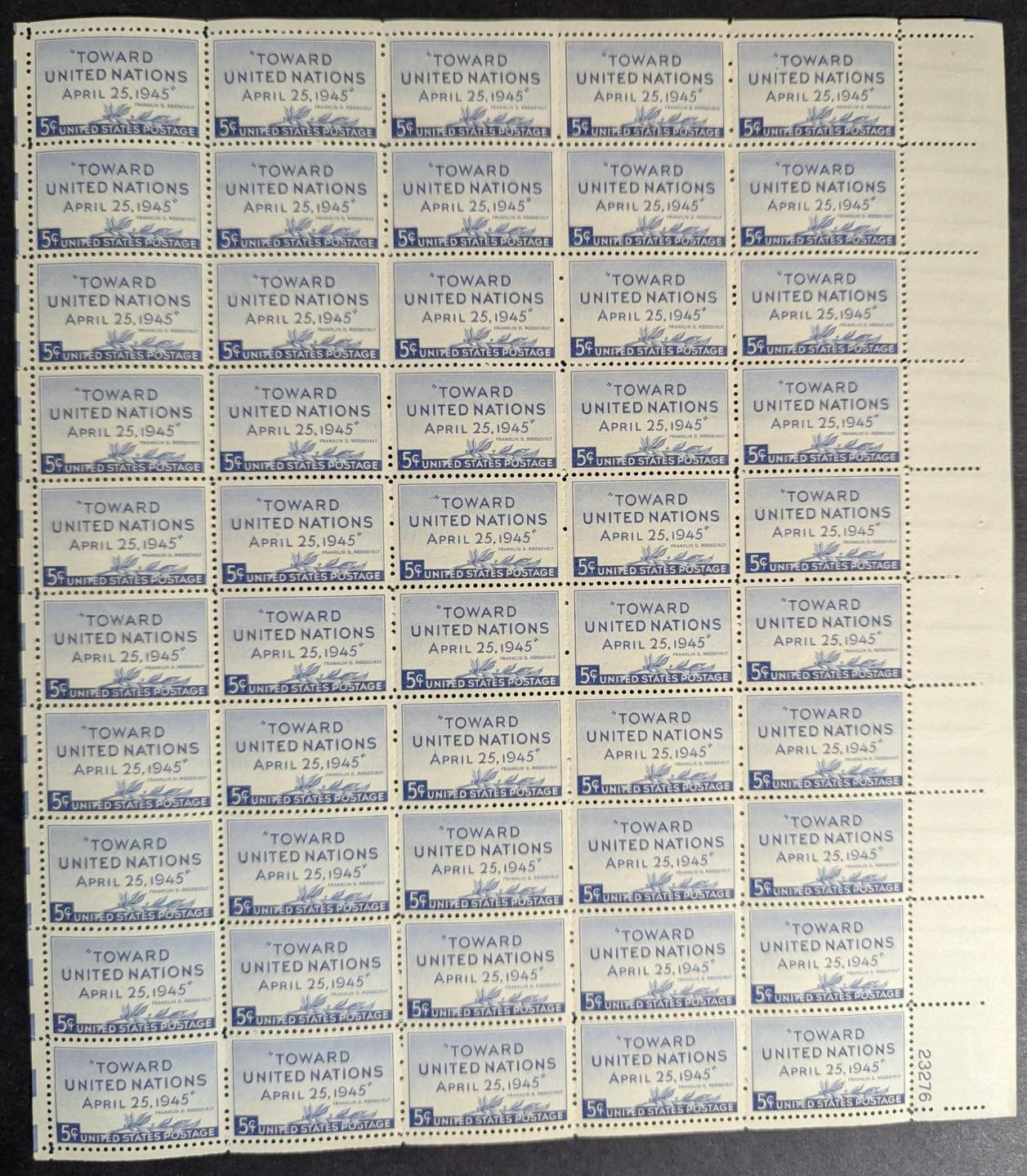 1945 USA United Nations 3c Sheet -Scott 928 -MNH, Undisturbed OG - No Sig Flaws