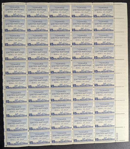 1945 USA United Nations 3c Sheet -Scott 928 -MNH, Undisturbed OG - No Sig Flaws