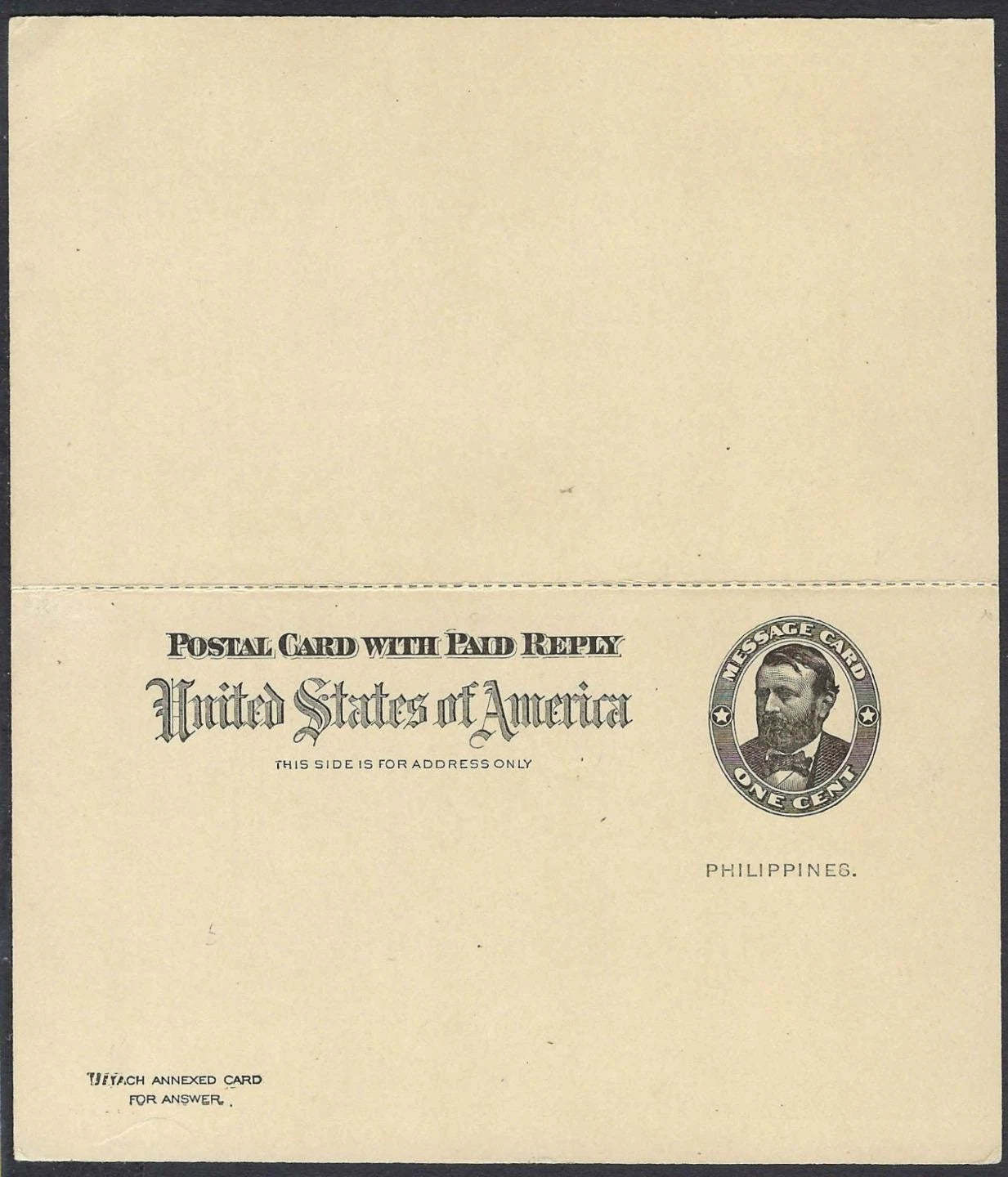1903 Philippines/USA Scott UY2 1c Grant Postal Card w/ Paid Reply – Mint Intact