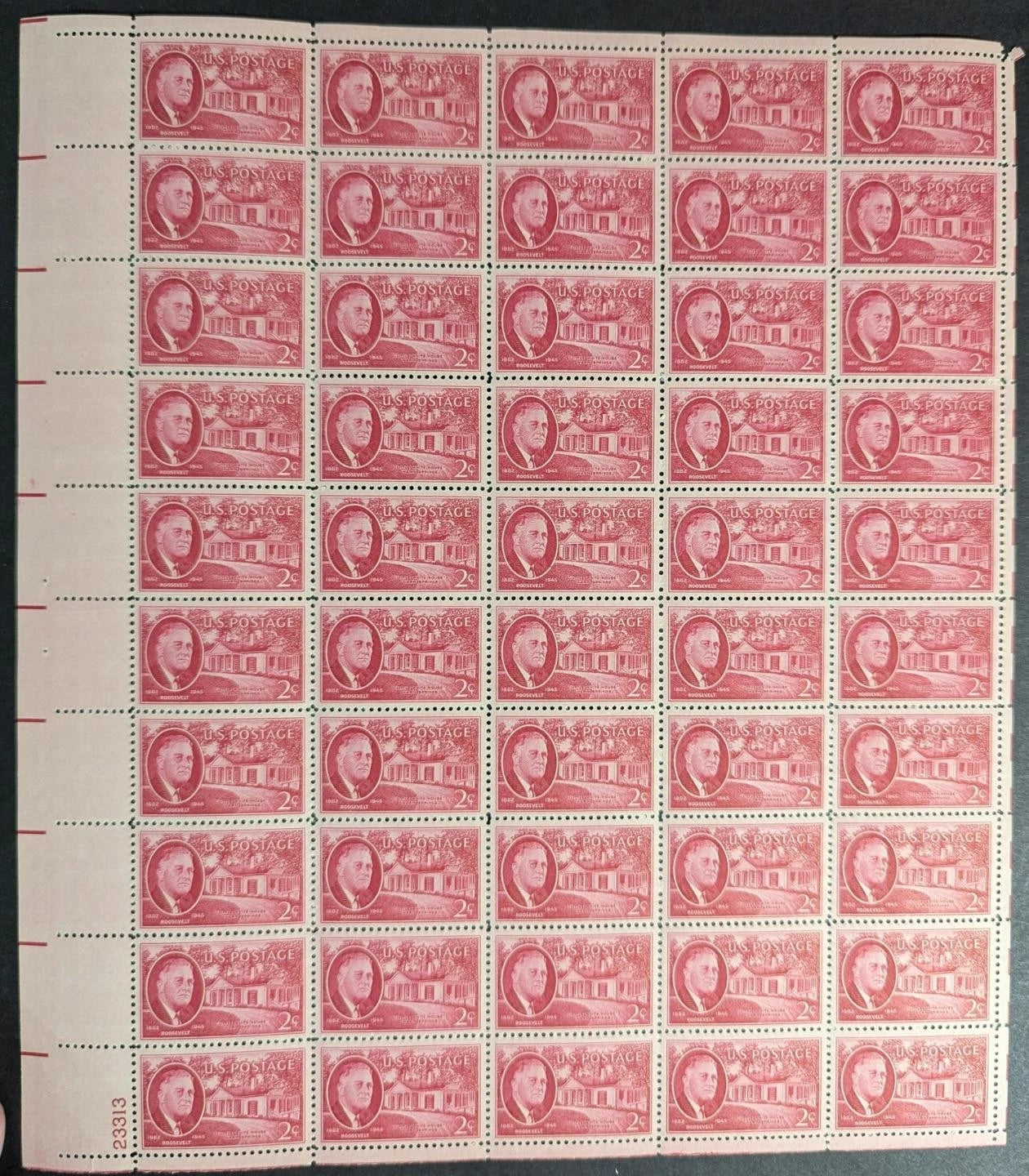 1945 USA F. Roosevelt 2c Sheet -Scott 931 -MNH, Undisturbed OG - 2 Pulled Perfs