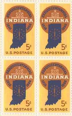1966 Indiana Statehood Block of 4 5c Postage Stamps, Scott 1308, MNH, OG
