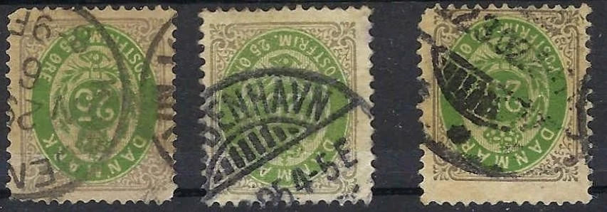 1875 Denmark Lot - 3 Copies of Scott 32 - Used - As Shown - Some Minor Flaws