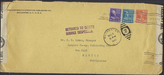 1941 Dec 5 USA to Philippines WWII Cover Service Suspended Returned Pearl Harbor